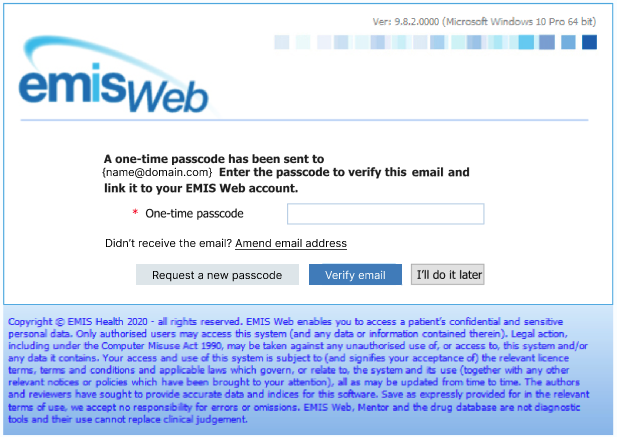 emis web one time passcode screen